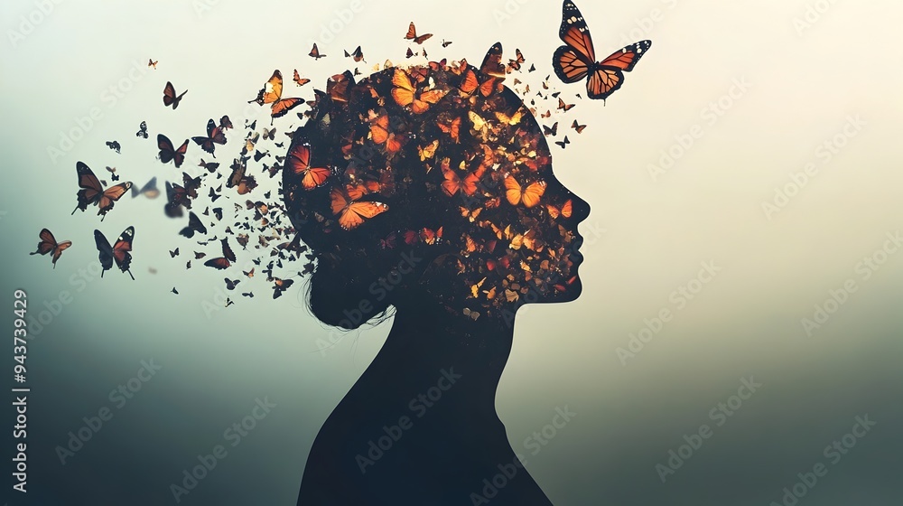 Poster a human figure dissolving into a swarm of colorful butterflies symbolizing the process of transforma