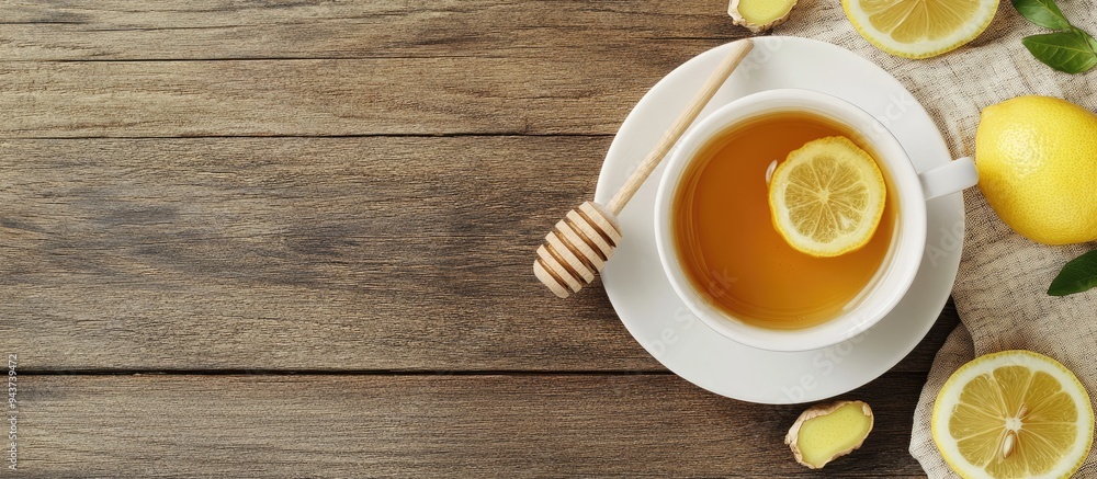 Aufkleber a cup of ginger tea with lemon and honey on a wooden surface top view with copyspace