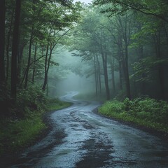 Obraz premium A foggy road through a dense forest, mysterious and moody, cinematic style, isolated on white background