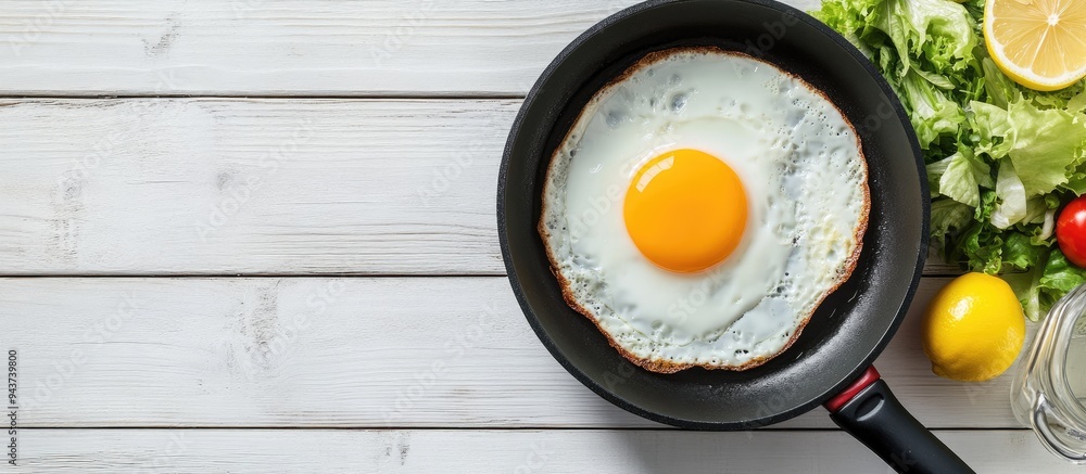 Leinwandbilder breakfast table fried egg in a frying pan on a white wooden surface accompanied by a salad and lemon