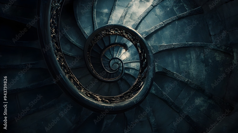 Poster a spiral staircase leading down into the mysterious darkness symbolizing the descent into the unknow