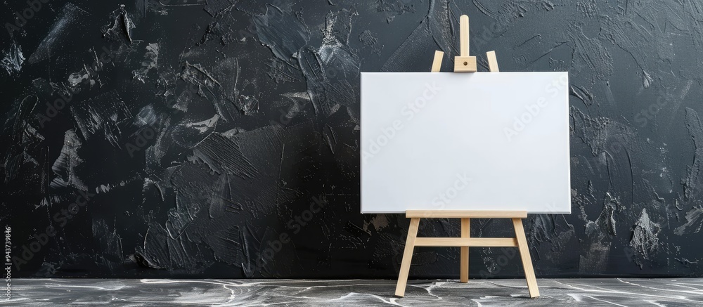 Poster white canvas on a wooden easel with copy space on a black background signage writing area and advert