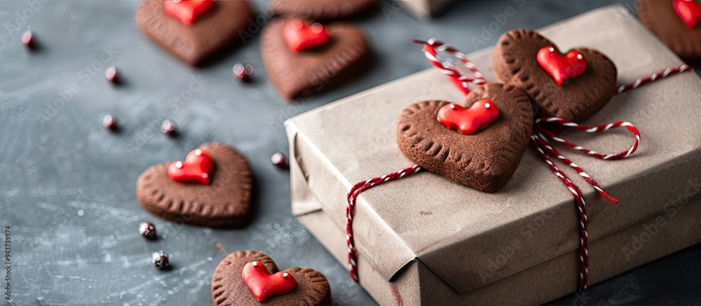Poster gift box featuring a heart and heart shaped cookies on a gray concrete backdrop wrapped in kraft pap
