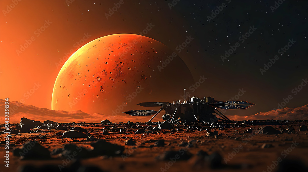 Poster a spacecraft lands on a red planet with a large moon in the background.