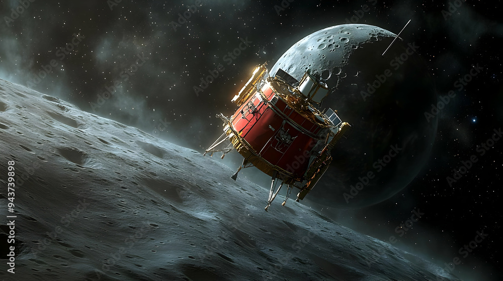 Poster a spacecraft lands on a cratered asteroid surface with a large moon in the background.