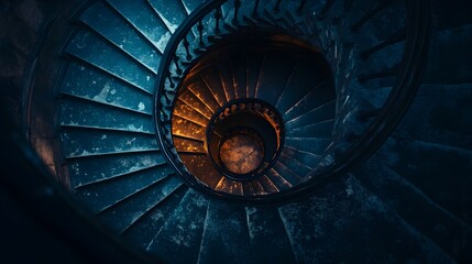 A spiral staircase leading down into the unknown symbolizing a descent into the depths of mystery and introspection  The minimalist