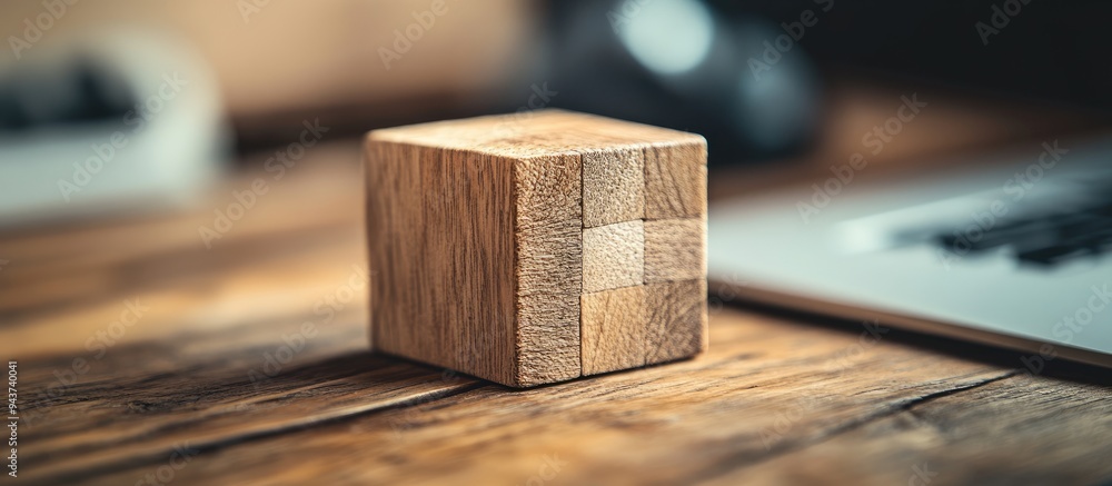 Wall mural plain wooden cube on a laptop with a selective focus on the wooden block on the keyboard. with copy 