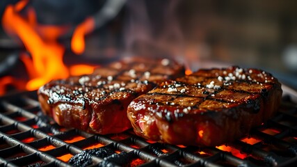 Succulent Beef Steaks Sizzling Over Open Flame Grill, Dark Sear and Seasoned Crust, Juices and Smoke Rising 