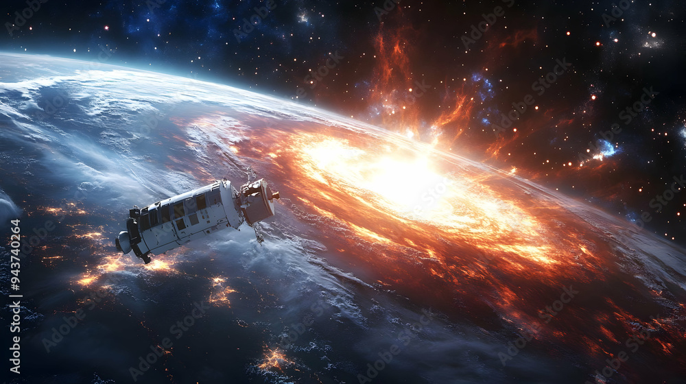 Aufkleber a spacecraft orbits a fiery planet with a massive explosion on its surface.