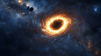 Fototapeta premium A spacecraft orbits a fiery black hole in a galaxy filled with stars.
