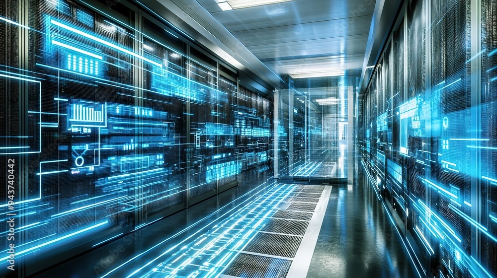 Poster a futuristic data center corridor illuminated by blue light, showcasing advanced technology and digi