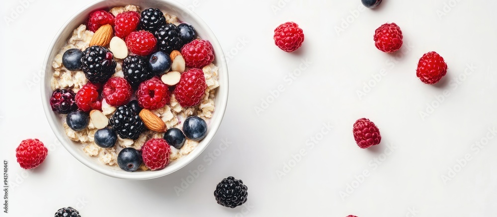 Poster Overnight oatmeal topped with fresh berries and nuts set against a white background Concept of a healthy breakfast. with copy space image. Place for adding text or design