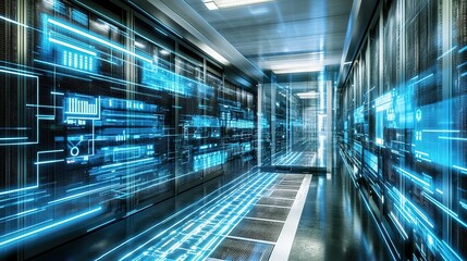 Fototapeta premium A futuristic data center corridor illuminated by blue light, showcasing advanced technology and digital interfaces in operation