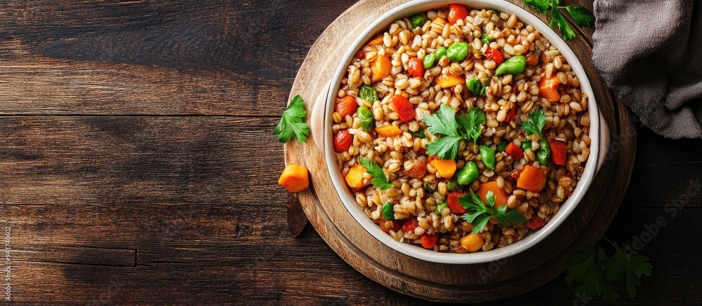 Poster barley vegetable casserole. with copy space image. place for adding text or design