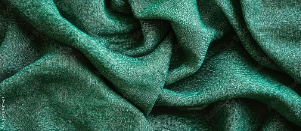 Poster green cotton textile backdrop folded linen fabric decorative texture. with copy space image. place f