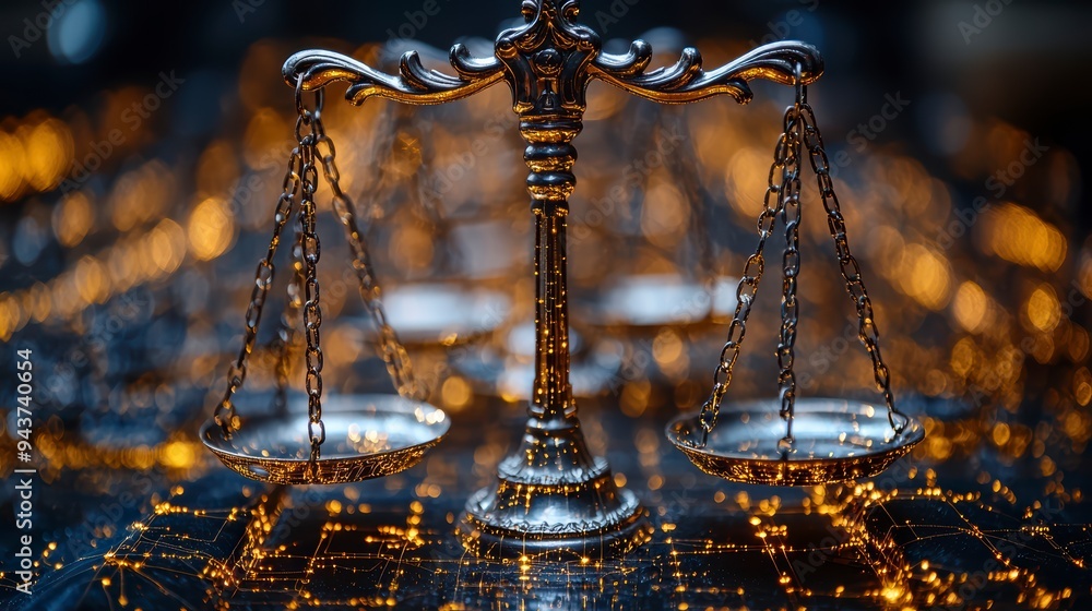 Poster the digital scales of justice against the backdrop of data and code symbolize the rule of law in the