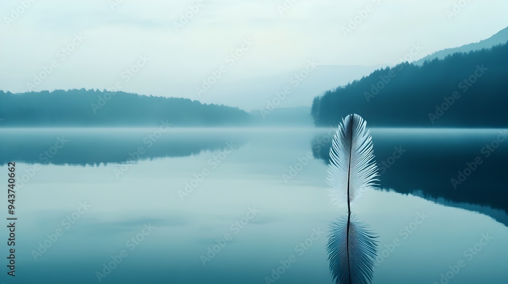 Poster feather floating on calm still lake surface symbolizing tranquility serenity and peaceful solitude i