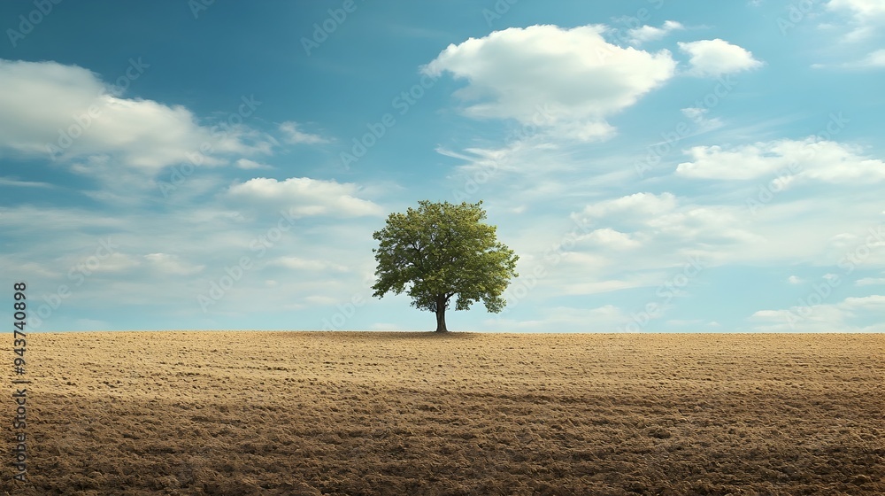 Poster lone tree standing solitary in a barren desolate field the minimalist serene scene symbolizes themes