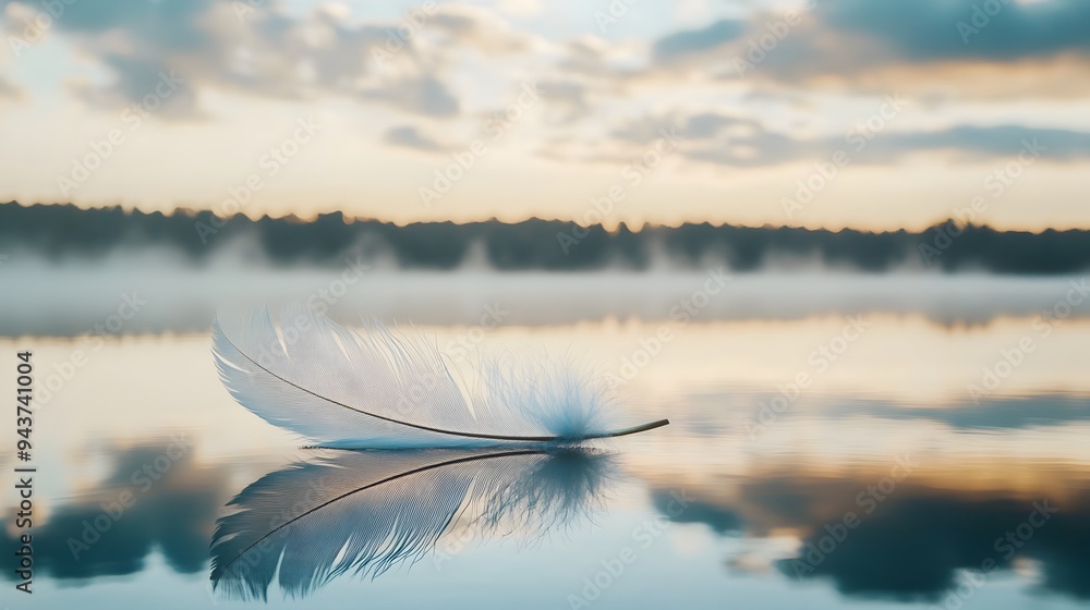 Poster tranquil feather floating effortlessly on the serene mirror like surface of a still lake symbolizing