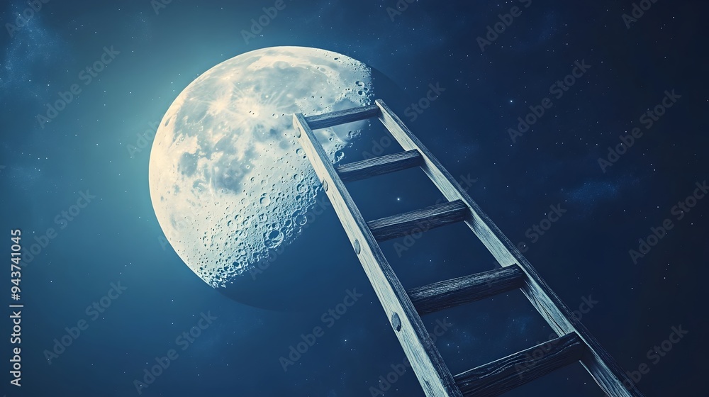 Poster conceptual image of a ladder leaning against the moon symbolizing the pursuit of ambitious goals and