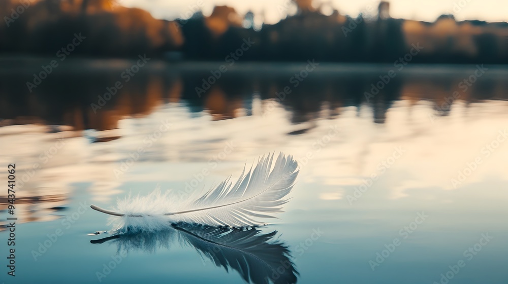 Poster tranquil feather floating gently on a perfectly still lake symbolizing serenity and calm in a serene