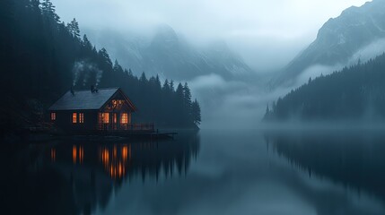 Fototapeta premium A cozy wooden house, its lights reflecting on a still lake, surrounded by fog-covered mountains at dusk.
