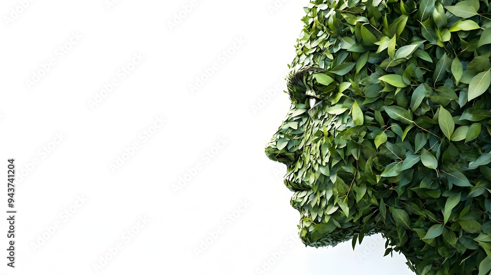 Poster a human face rendered from vibrant green leaves symbolizing the deep connection and unity between hu