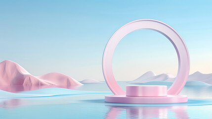 minimalist podium for product presentation against the background of mountains and seas
