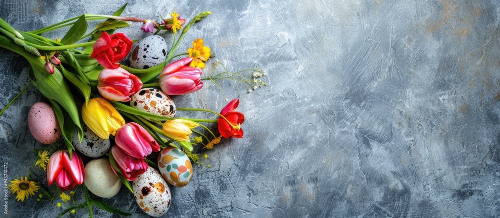 Aufkleber Easter greeting card featuring a bouquet of tulip flowers and Easter eggs set against a stone wall with room for your message. with copy space image. Place for adding text or design