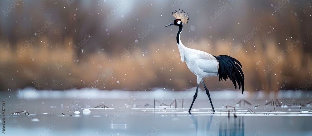 Poster winter bird watching red crowned crane. with copy space image. place for adding text or design