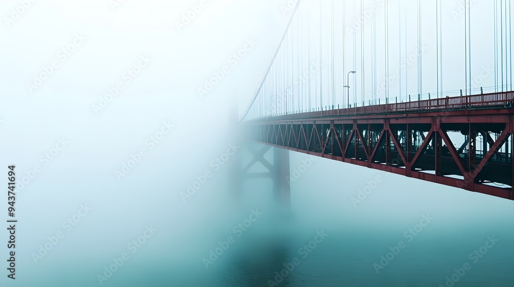 Poster a serene and mysterious landscape where a bridge fades into the misty fog creating a sense of uncert