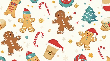 Obraz premium Festive holiday pattern featuring gingerbread cookies, candy canes, and cheerful decorations on a light background