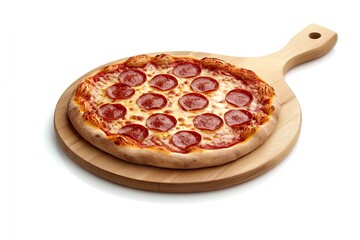 Pepperoni pizza on a wooden serving board.