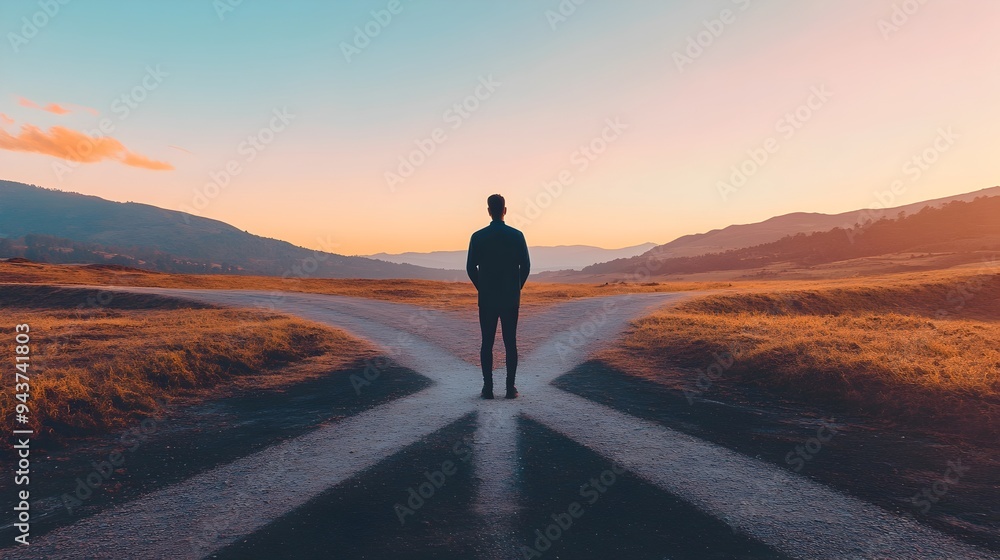 Poster a silhouetted figure standing at a crossroads with multiple paths stretching out before them symboli