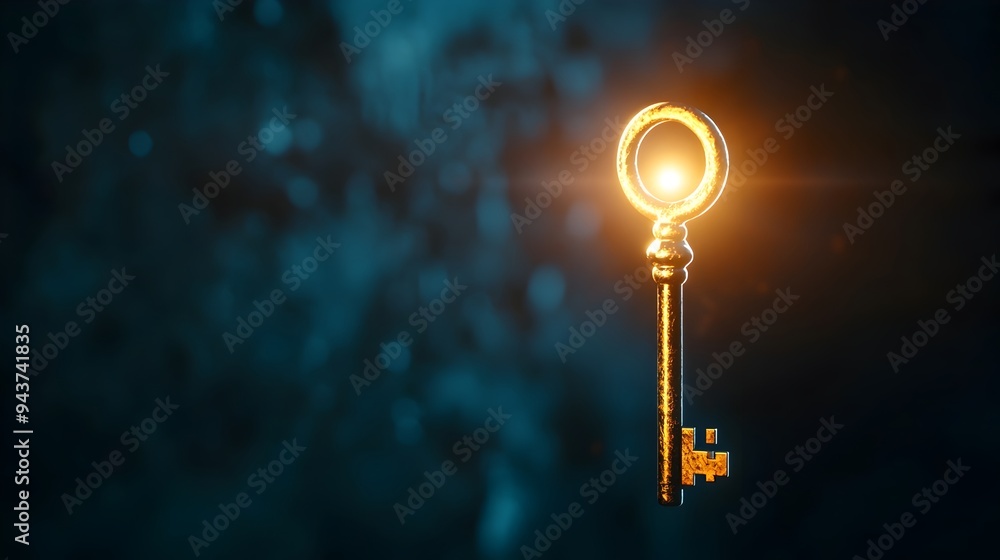 Poster a glowing luminescent key floating in an abstract digital backdrop symbolizing the concept of unlock