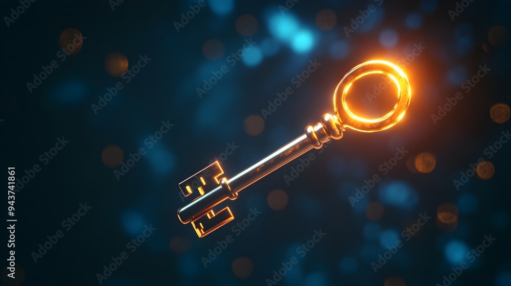 Poster glowing key floating in the air symbolizing an unlocked potential for growth innovation and new oppo