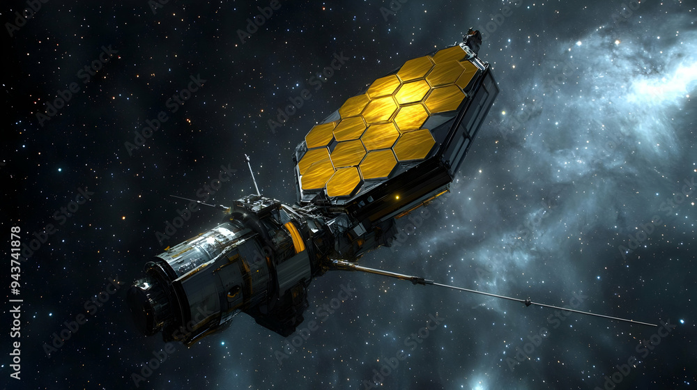 Poster a spacecraft with a large, golden, hexagonal array of solar panels orbits in a star field.