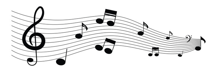Music notes. Treble clef and notes for black design on a white background. Musical notes stave line pattern symbols icon. Symbol with music notes.
