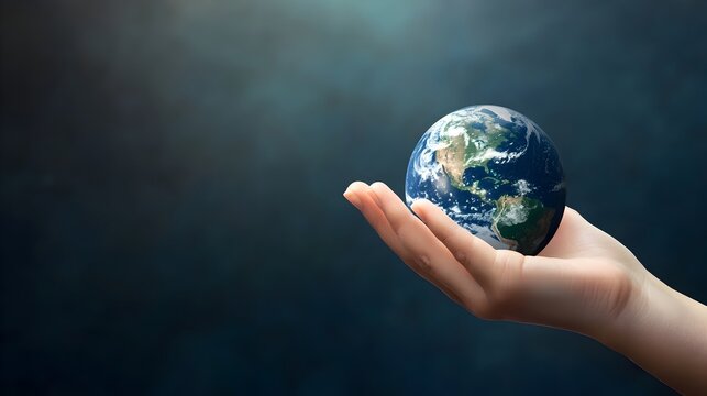 Hand gently holding a small model of planet Earth symbolizing global responsibility environmental conservation and a commitment to a sustainable future  Minimalist studio shot with copy space