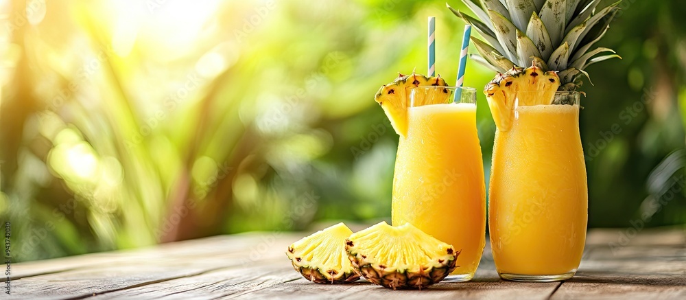 Poster fresh pineapple juice sliced tasty. with copy space image. place for adding text or design