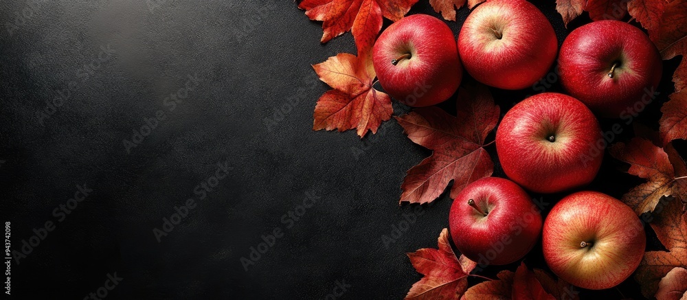 Poster apples and fall leaves on a black background. with copy space image. place for adding text or design