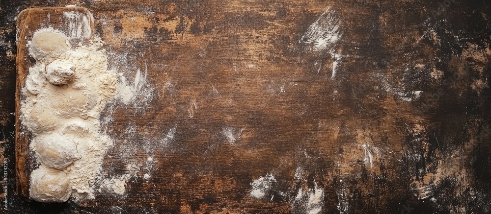 Aufkleber An old worn cutting board with remnants of flour and dough Textured background Toned. with copy space image. Place for adding text or design