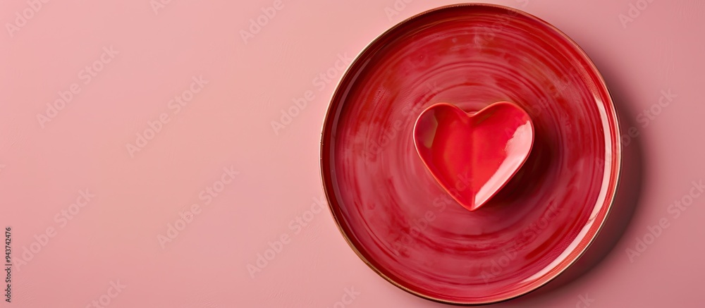 Poster close up of a red heart shaped plate against a pink background empty mockup for valentine s day top 