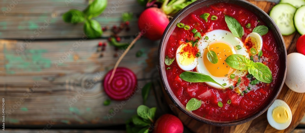 Leinwandbilder cold vegetable soup featuring beet cucumber radish and egg on a wooden table. with copy space image.