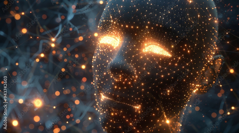 Poster futuristic human head with an intricate light network inside the brain, surrounded by a dark, digita