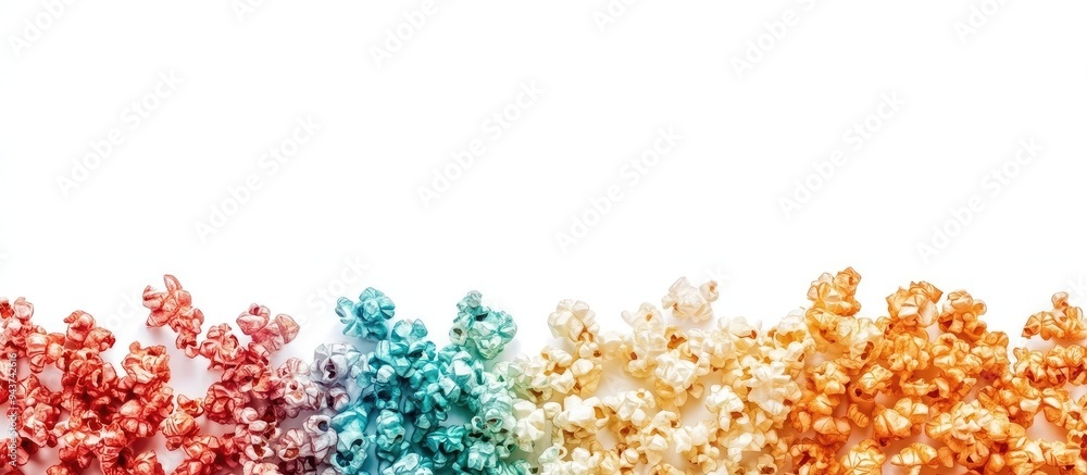 Poster colored popcorn set against a white background. with copy space image. Place for adding text or design