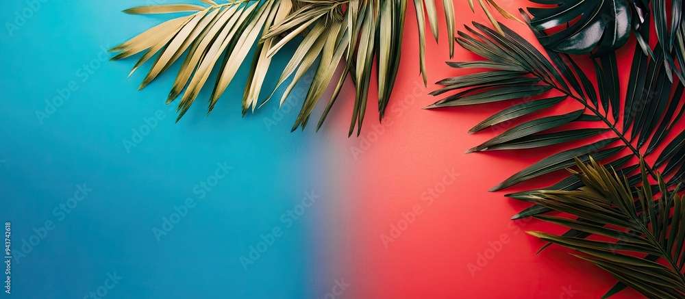 Aufkleber palm leaves are arranged on a blue and red background this is a minimal flat lay composition featuri