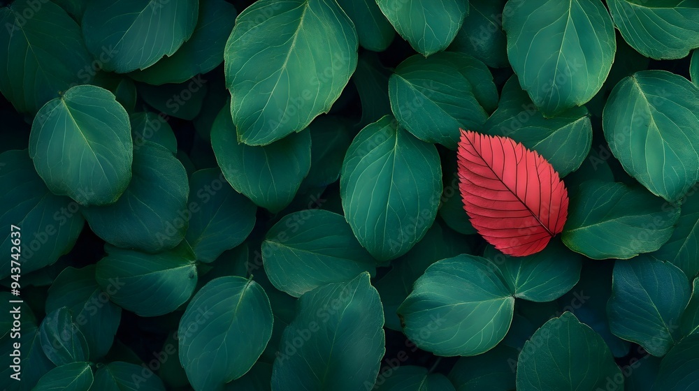 Poster lone red leaf floating in a sea of green foliage symbolizing individuality and uniqueness in a minim