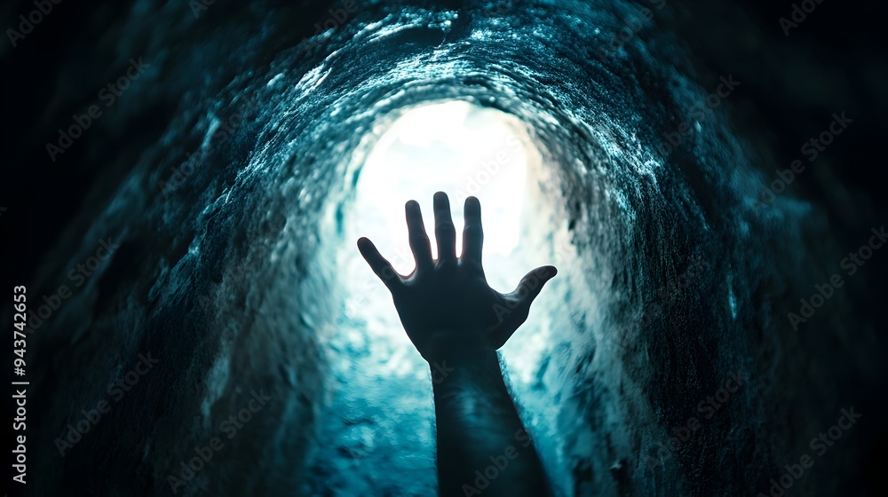 Poster hand reaching out from a dark tunnel symbolizing the search for light hope and to overcome challenge