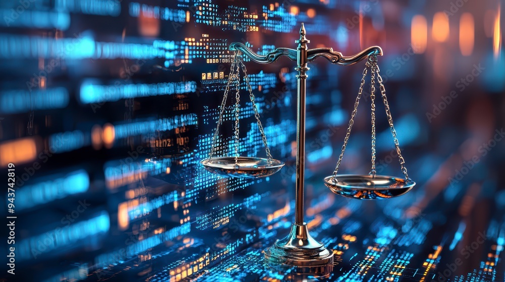 Poster the digital scales of justice against the backdrop of data and code symbolize the rule of law in the
